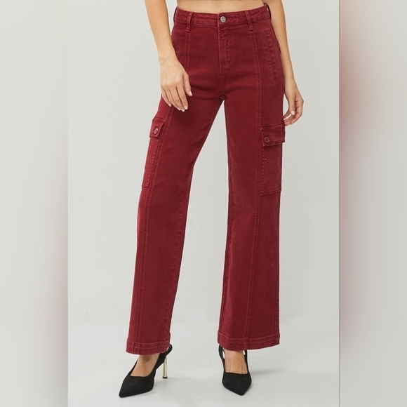 RISEN High Rise Wide Leg Cargo Jeans Wine Retro Vintage Style Various NEW - Picture 2 of 10